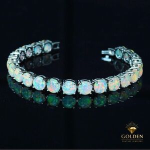 Ethiopian White Opal Tennis Bracelet, October Birthstone, 7.5 inches